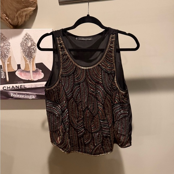 NWOT Patterson J Kincaid black silk multi color beaded tank top Size M - Picture 3 of 8